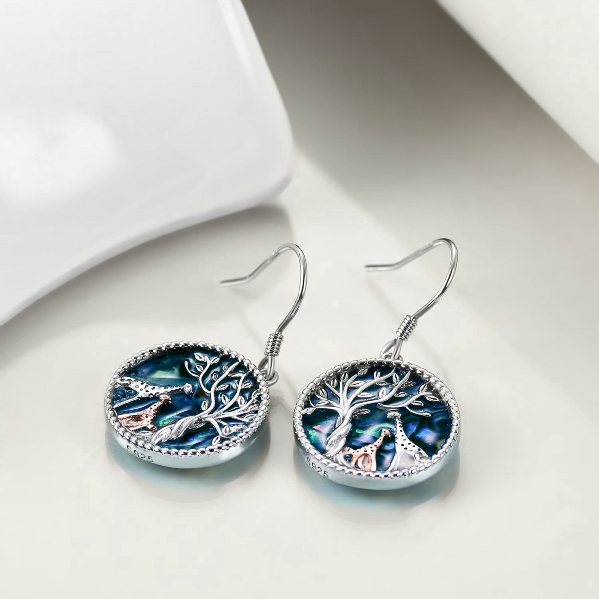 Sterling Silver Two-tone Circular Shaped Abalone Shellfish Giraffe & Tree Of Life Drop Earrings-4