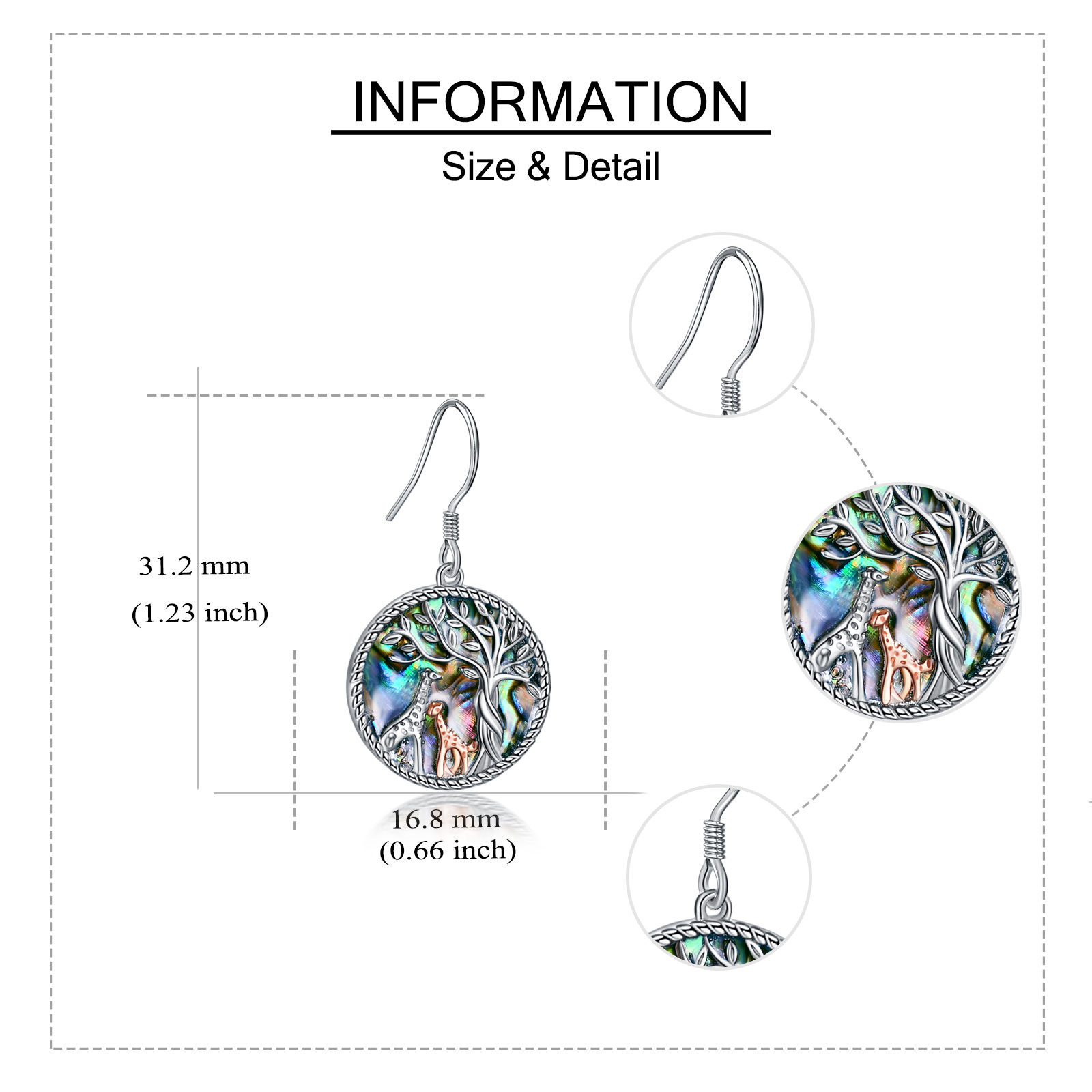 Sterling Silver Two-tone Circular Shaped Abalone Shellfish Giraffe & Tree Of Life Drop Earrings-5