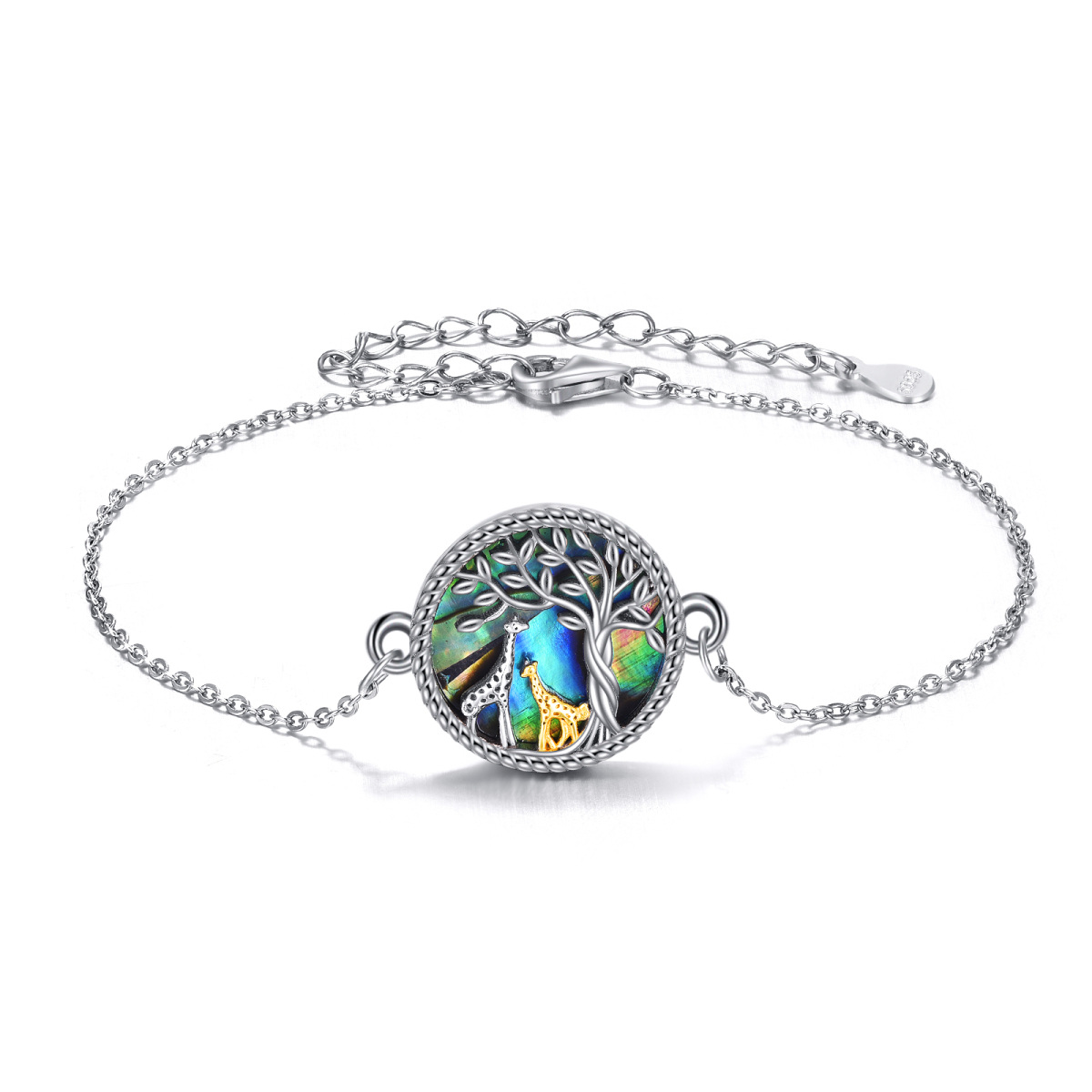 Sterling Silver Two-tone Circular Shaped Abalone Shellfish Giraffe & Tree Of Life Pendant Bracelet-1