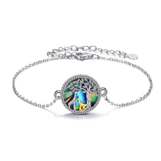 Sterling Silver Two-tone Circular Shaped Abalone Shellfish Giraffe & Tree Of Life Pendant Bracelet