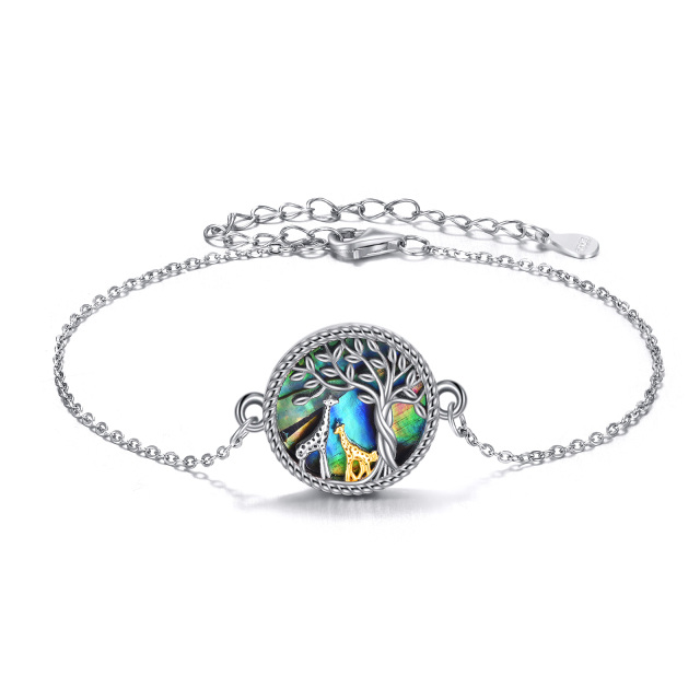 Sterling Silver Two-tone Circular Shaped Abalone Shellfish Giraffe & Tree Of Life Pendant Bracelet-1