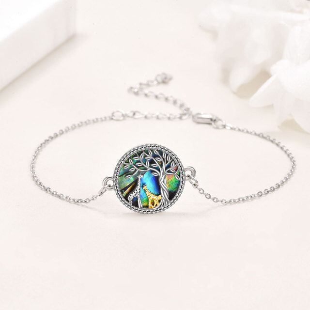 Sterling Silver Two-tone Circular Shaped Abalone Shellfish Giraffe & Tree Of Life Pendant Bracelet-3