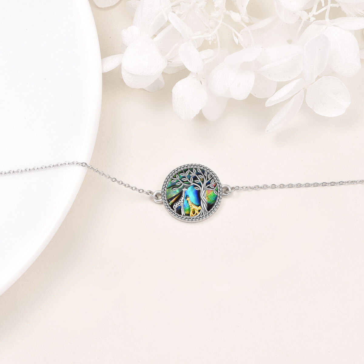 Sterling Silver Two-tone Circular Shaped Abalone Shellfish Giraffe & Tree Of Life Charm Bracelet-4