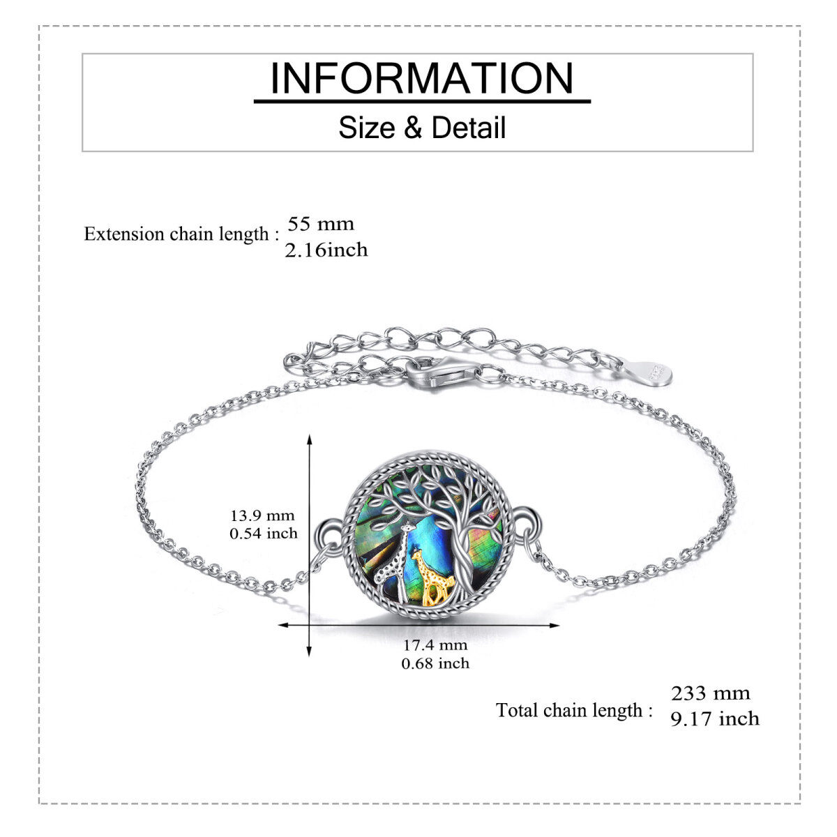 Sterling Silver Two-tone Circular Shaped Abalone Shellfish Giraffe & Tree Of Life Charm Bracelet-5