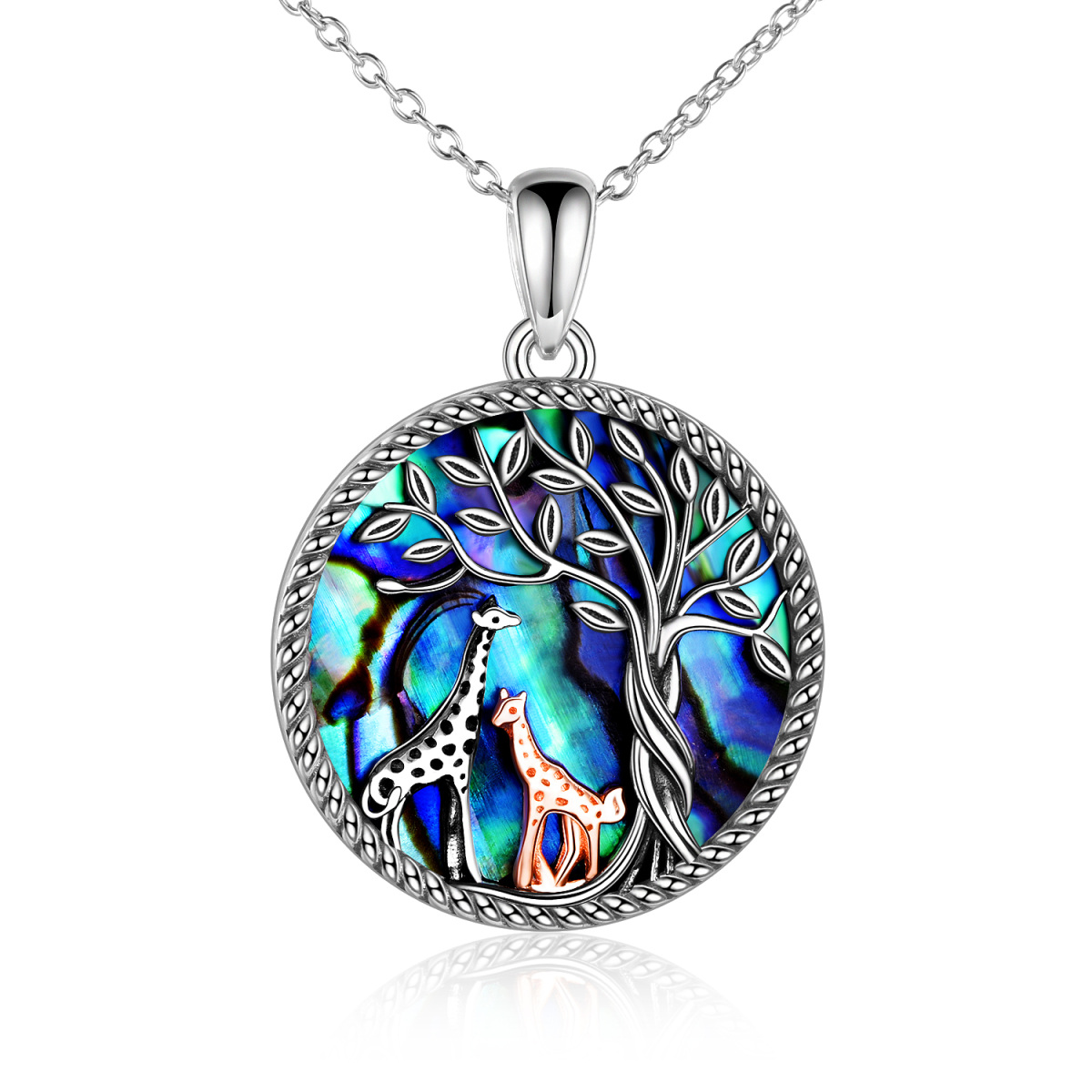 Collana con ciondolo in argento sterling bicolore a forma di circolare con conchiglia Abalone e Giraffa e albero della vita-1