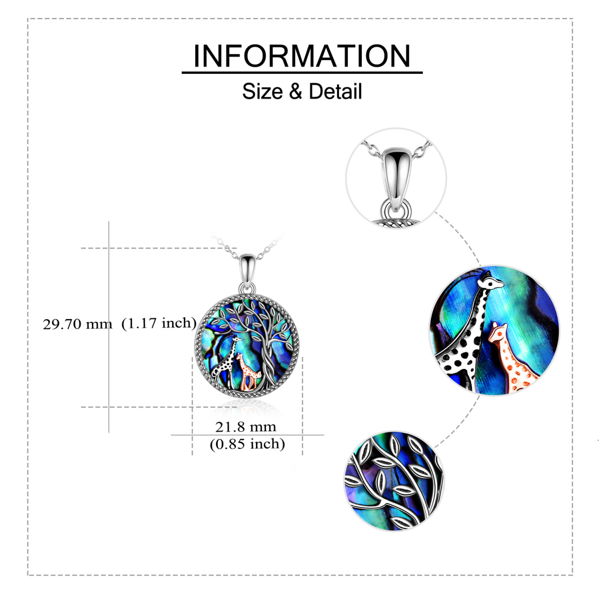 Sterling Silver Two-tone Circular Shaped Abalone Shellfish Giraffe & Tree Of Life Pendant Necklace-5