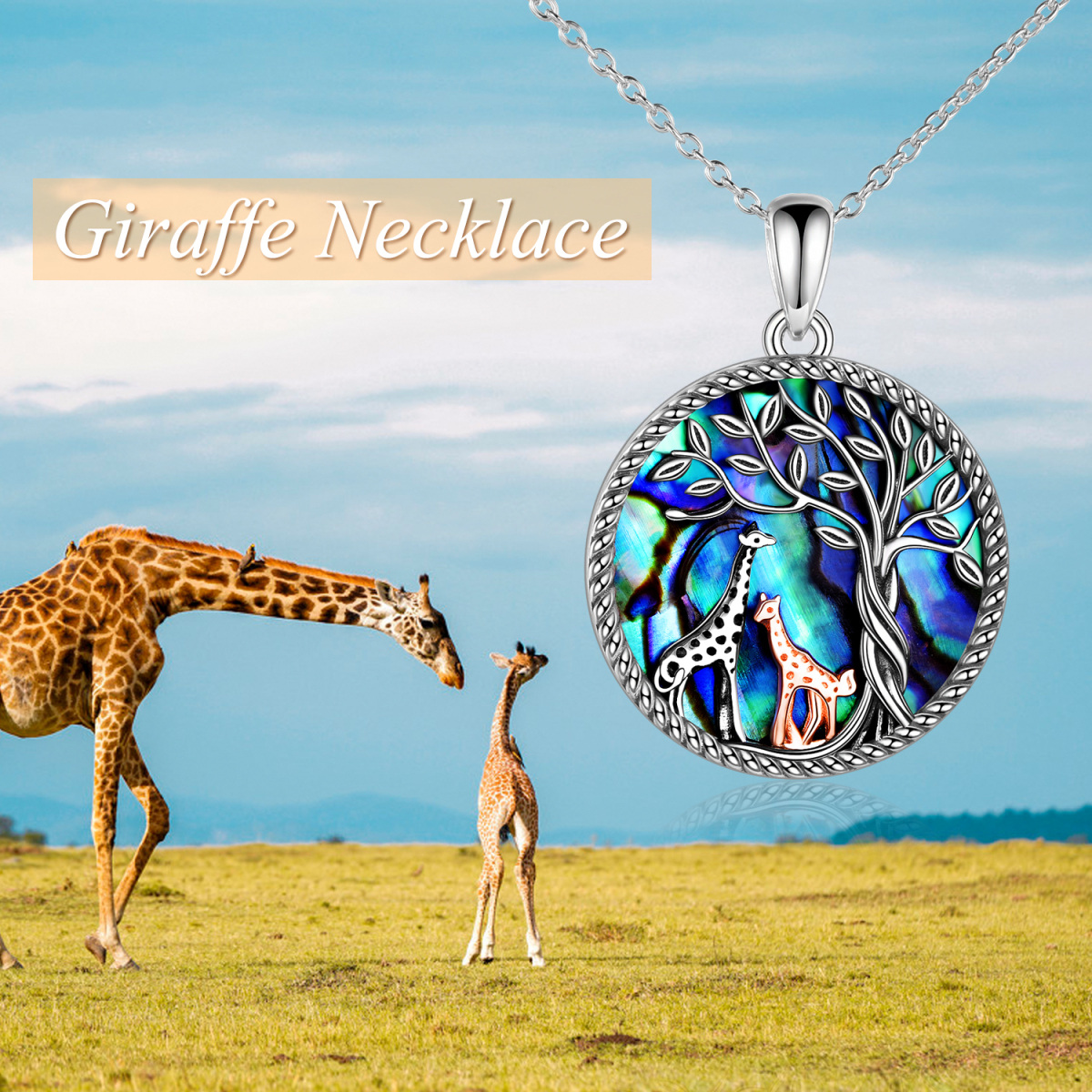 Sterling zilveren tweekleurige cirkelvormige Abalone schelpdier giraffe & levensboom hanger ketting-6