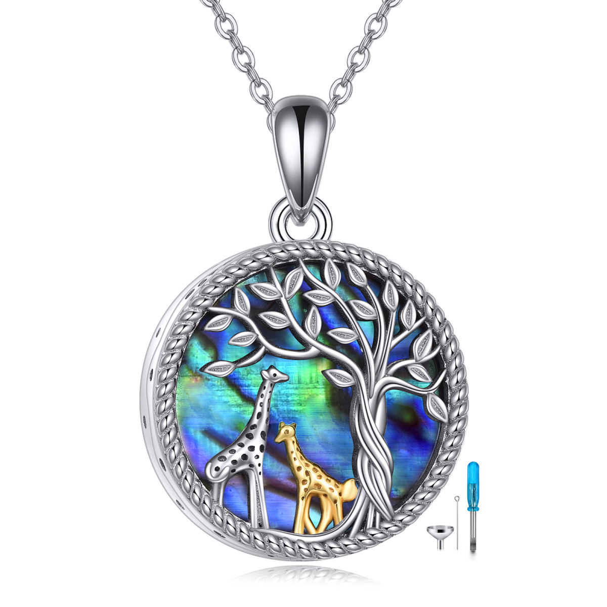 Plata de ley de dos tonos en forma circular Abalone Shellfish Giraffe & Tree Of Life Urna-1