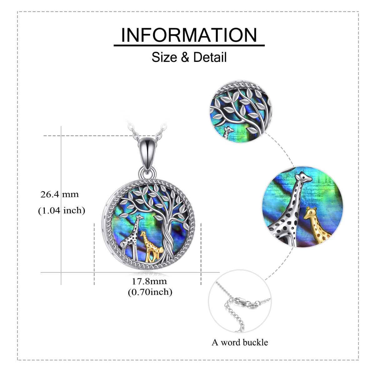 Sterling Silver Two-tone Circular Shaped Abalone Shellfish Giraffe & Tree Of Life Urn Necklace for Ashes with Engraved Word-5