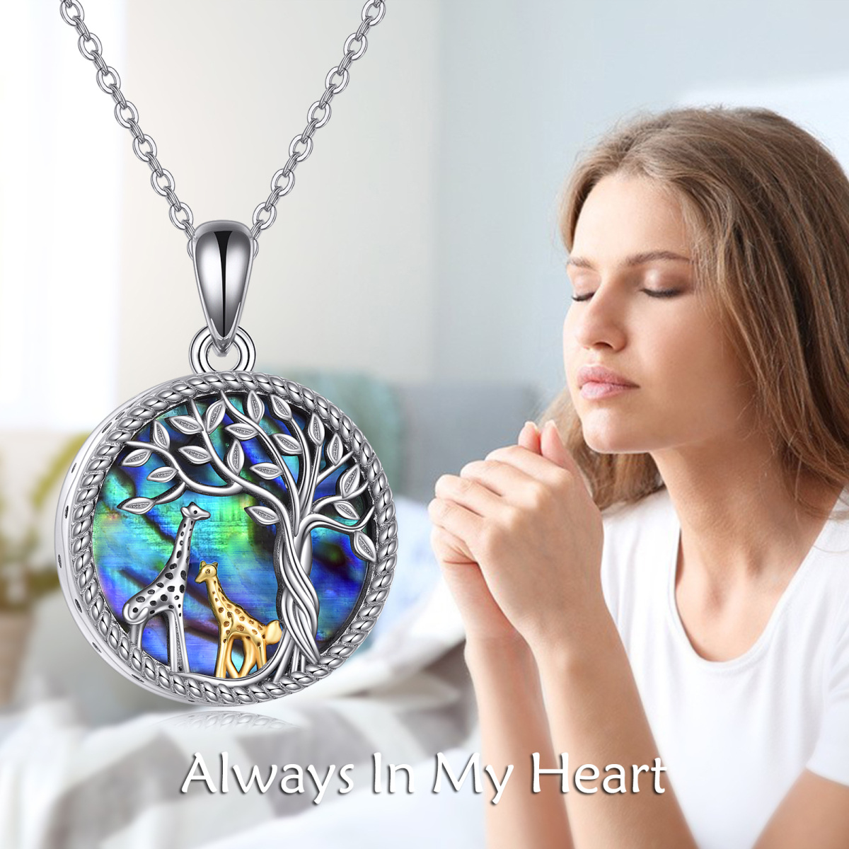 Sterling Silver Two-tone Circular Shaped Abalone Shellfish Giraffe & Tree Of Life Urn Necklace for Ashes with Engraved Word-6