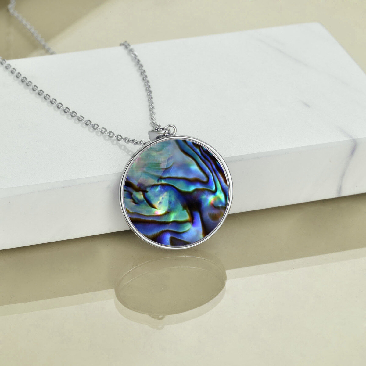 Sterling Silver Two-tone Circular Shaped Abalone Shellfish & Cubic Zirconia Horse & Mother & Daughter Pendant Necklace-1