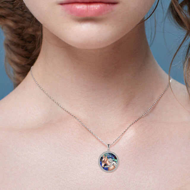 Sterling Silver Two-tone Circular Shaped Abalone Shellfish & Cubic Zirconia Horse & Mother & Daughter Pendant Necklace-3