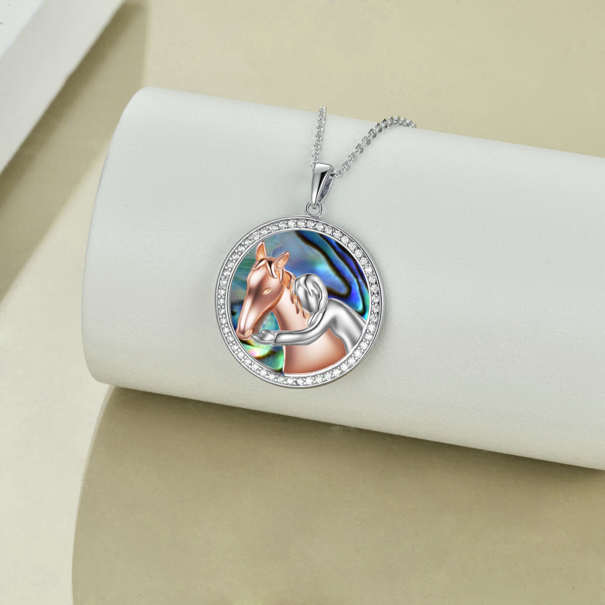 Sterling Silver Two-tone Circular Shaped Abalone Shellfish & Cubic Zirconia Horse & Mother & Daughter Pendant Necklace-4