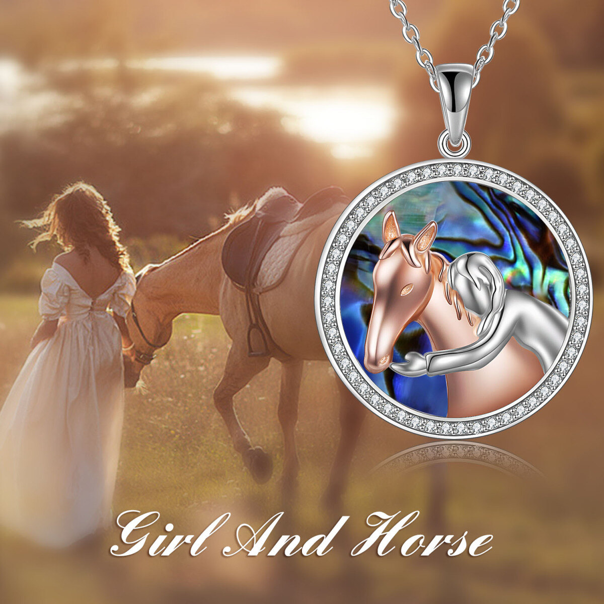 Sterling Silver Two-tone Circular Shaped Abalone Shellfish & Cubic Zirconia Horse & Mother & Daughter Pendant Necklace-5