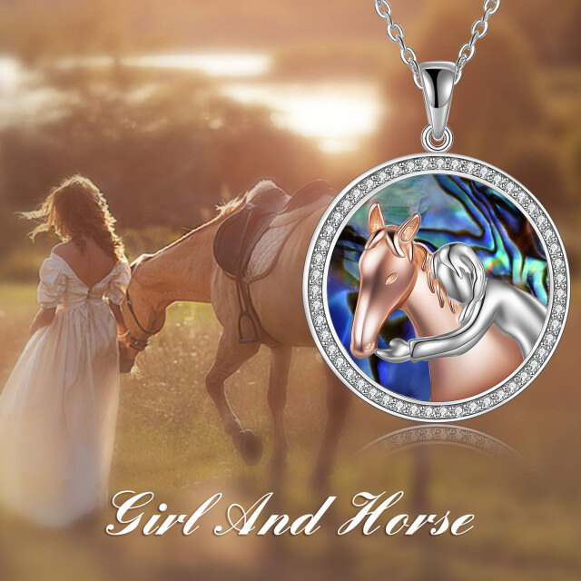 Sterling Silver Two-tone Circular Shaped Abalone Shellfish & Cubic Zirconia Horse & Mother & Daughter Pendant Necklace-5