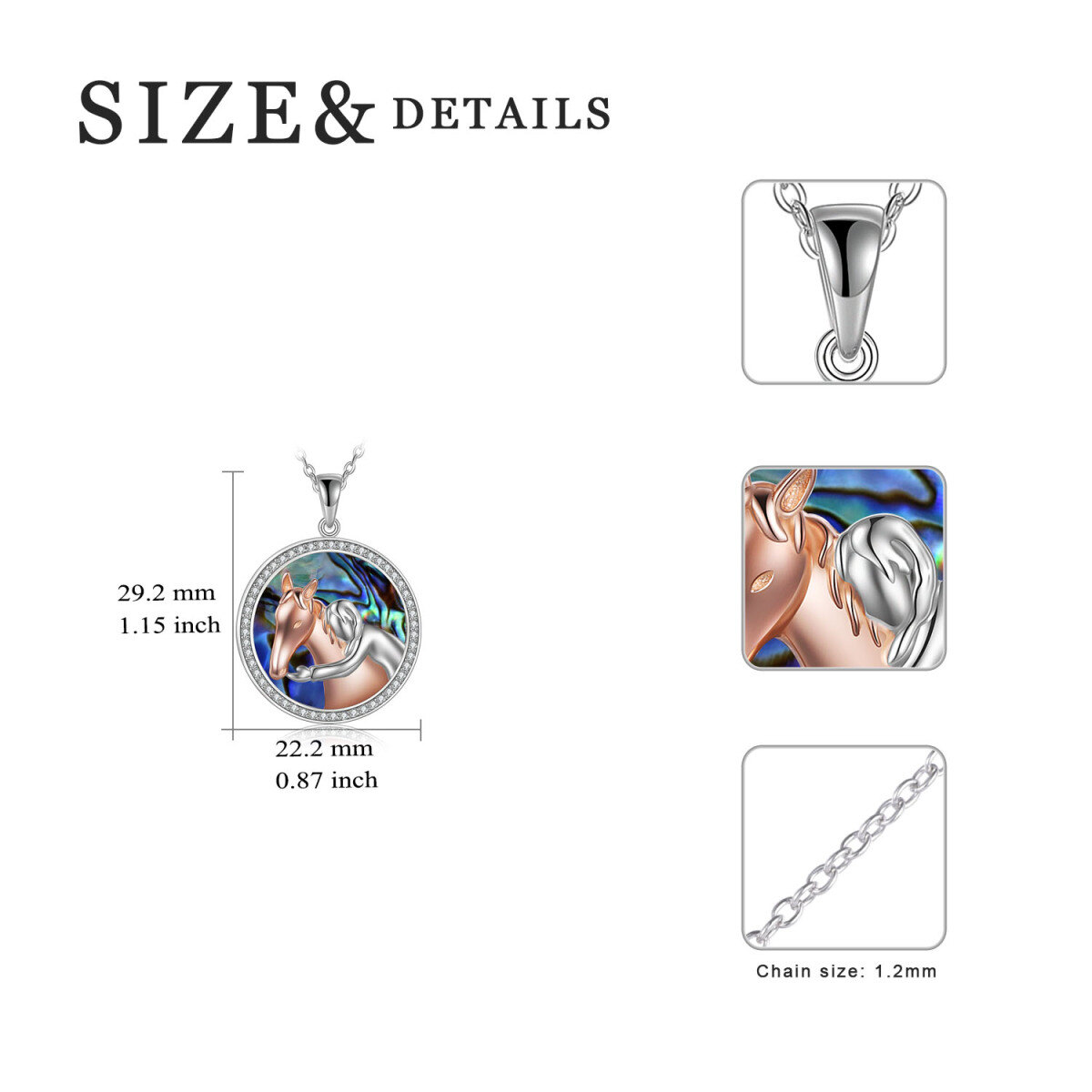 Sterling Silver Two-tone Circular Shaped Abalone Shellfish & Cubic Zirconia Horse & Mother & Daughter Pendant Necklace-6