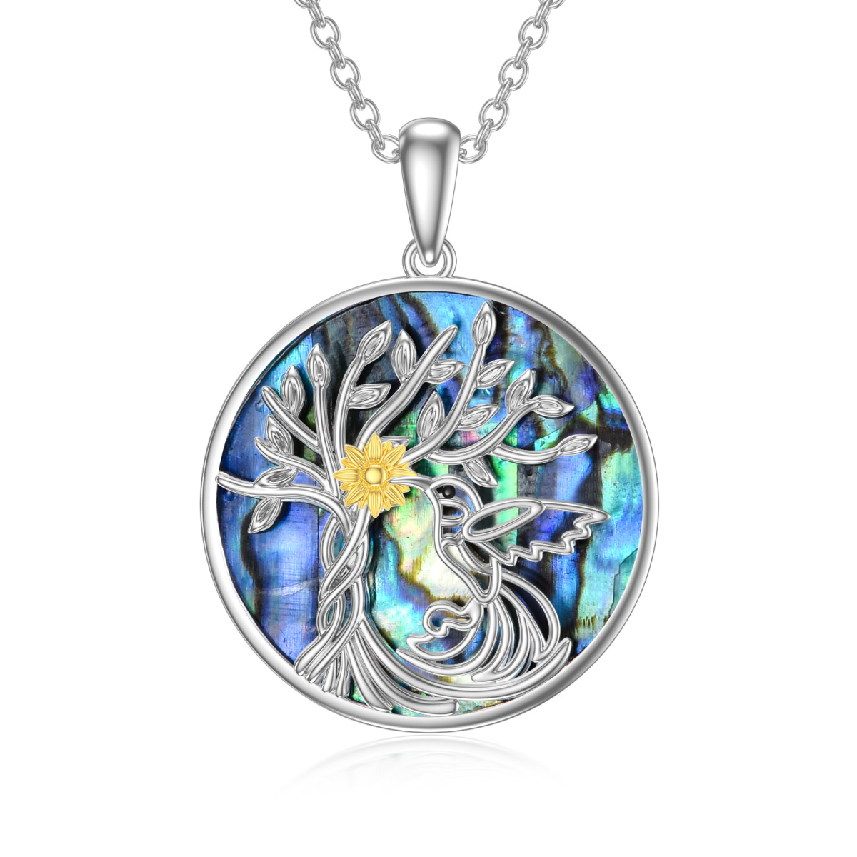 Sterling Silver Two-tone Circular Shaped Abalone Shellfish Hummingbird & Sunflower & Tree Of Life Pendant Necklace-1