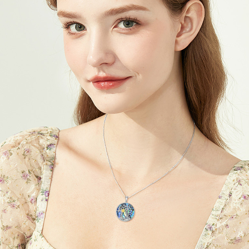 Colar com pingente de árvore da vida em prata esterlina, formato circular, abalone, marisco, beija-flor, girassol-2