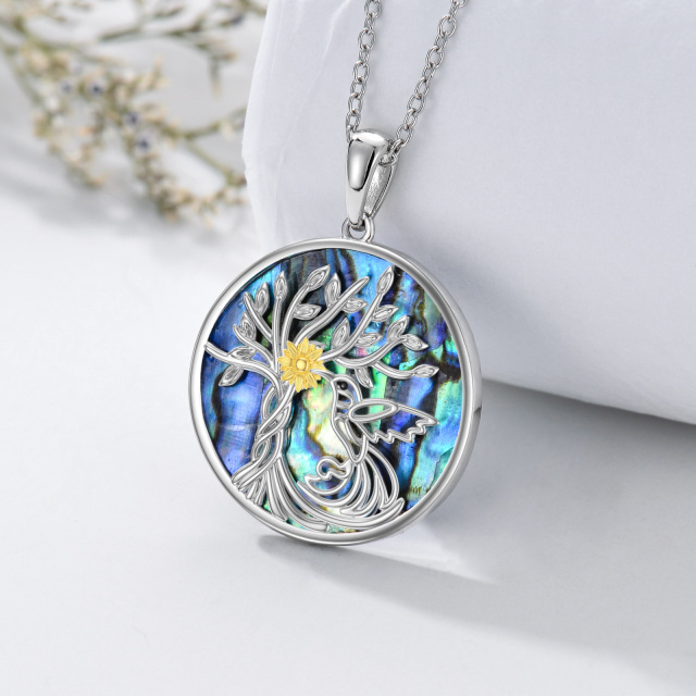 Sterling Silver Two-tone Circular Shaped Abalone Shellfish Hummingbird & Sunflower & Tree Of Life Pendant Necklace-3