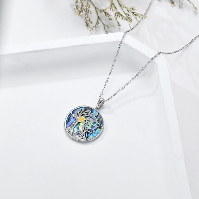 Sterling Silver Two-tone Circular Shaped Abalone Shellfish Hummingbird & Sunflower & Tree Of Life Pendant Necklace-4