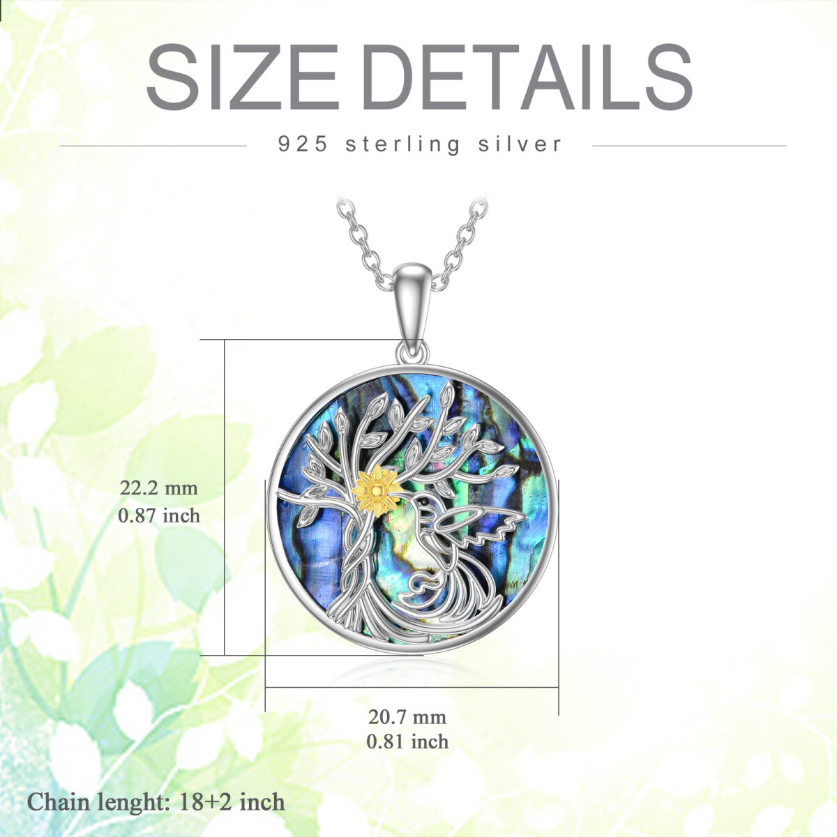 Sterling Silver Two-tone Circular Shaped Abalone Shellfish Hummingbird & Sunflower & Tree Of Life Pendant Necklace-5