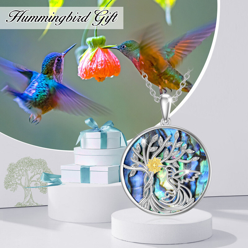 Colar com pingente de árvore da vida em prata esterlina, formato circular, abalone, marisco, beija-flor, girassol-6