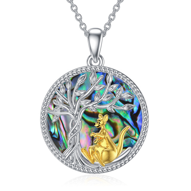 Sterling Silver Two-tone Circular Shaped Abalone Shellfish Kangaroo & Tree Of Life Pendant Necklace-1