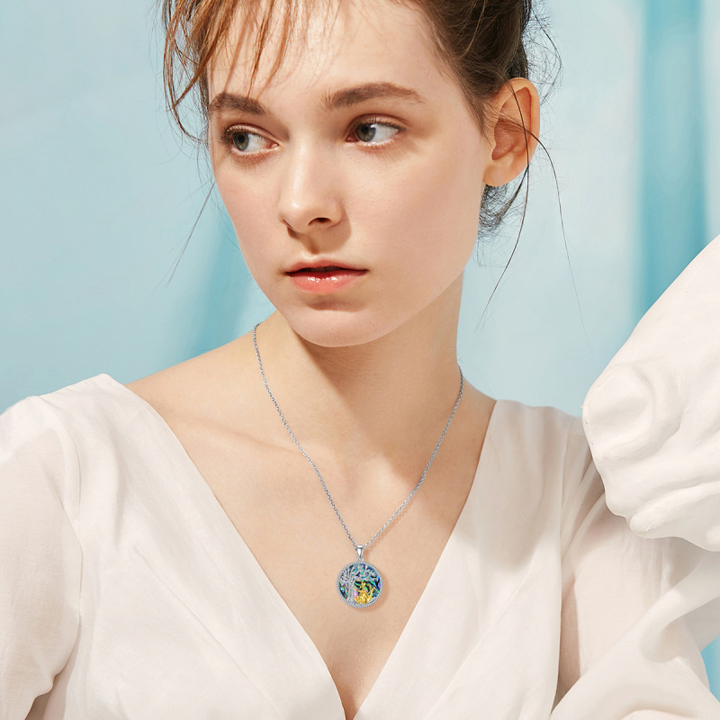 Colar com pingente de árvore da vida em formato circular de dois tons de abalone, marisco, canguru e prata esterlina-2