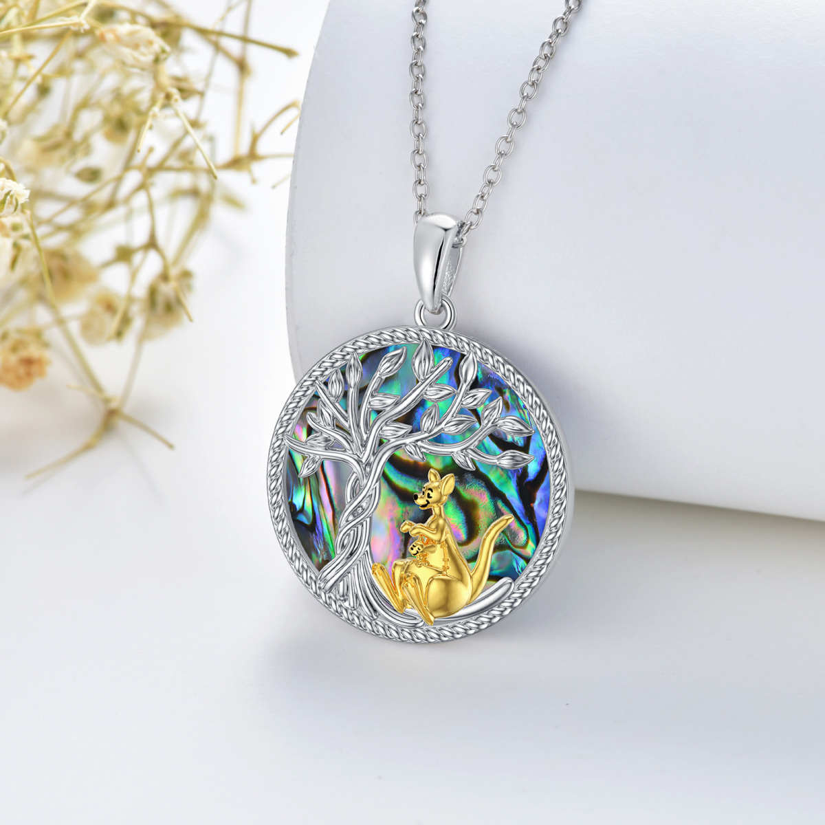 Sterling Silver Two-tone Circular Shaped Abalone Shellfish Kangaroo & Tree Of Life Pendant Necklace-3