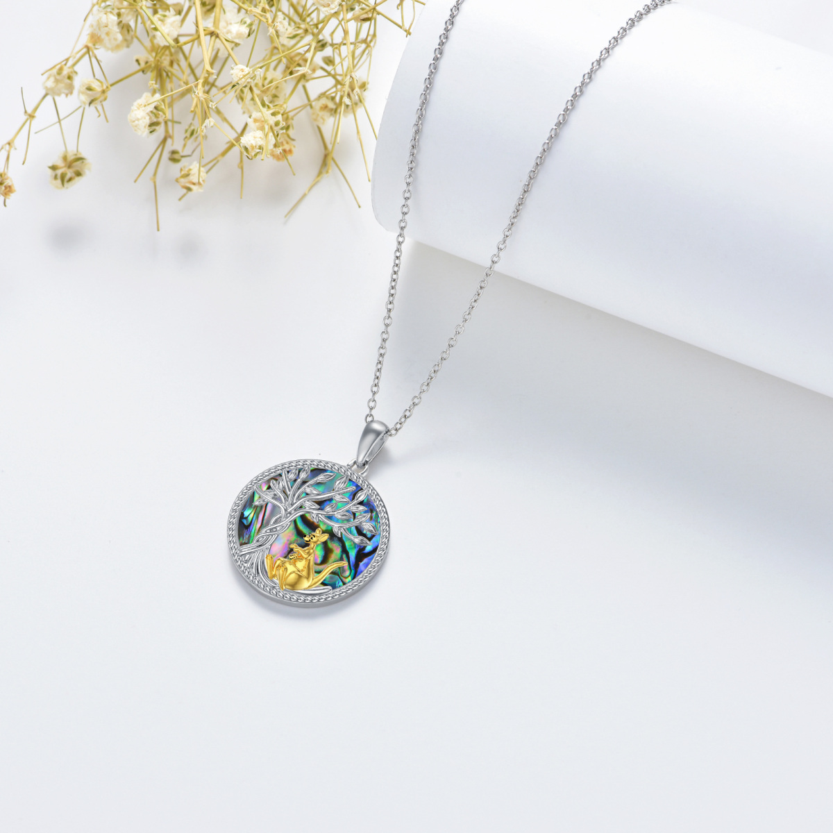 Sterling Silver Two-tone Circular Shaped Abalone Shellfish Kangaroo & Tree Of Life Pendant Necklace-4