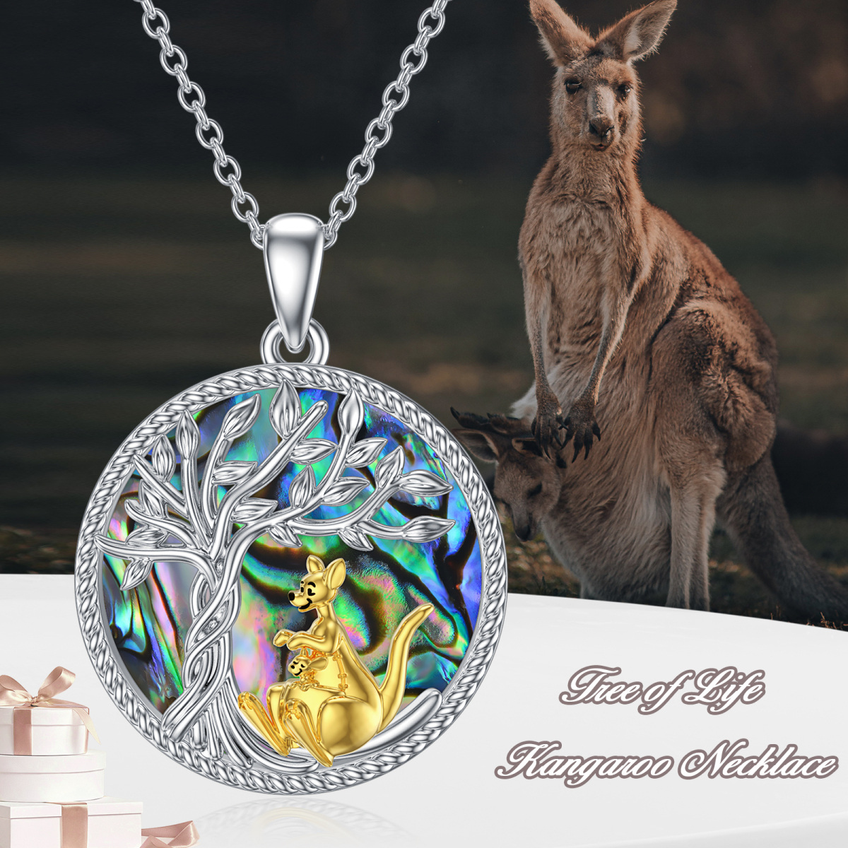 Sterling Silver Two-tone Circular Shaped Abalone Shellfish Kangaroo & Tree Of Life Pendant Necklace-5