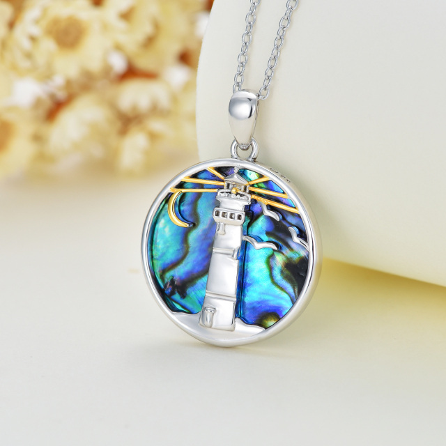 Sterling Silver Two-tone Circular Shaped Abalone Shellfish Lighthouse Pendant Necklace-3