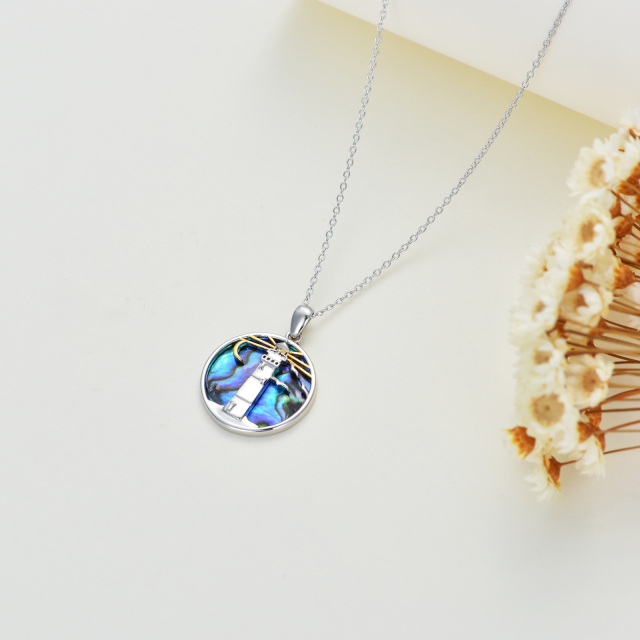 Sterling Silver Two-tone Circular Shaped Abalone Shellfish Lighthouse Pendant Necklace-4