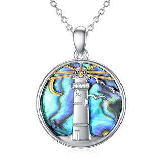 Sterling Silver Two-tone Circular Shaped Abalone Shellfish Lighthouse Pendant Necklace-2