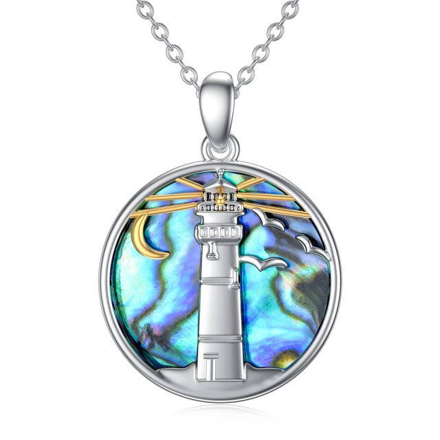 Sterling Silver Two-tone Circular Shaped Abalone Shellfish Lighthouse Pendant Necklace-1