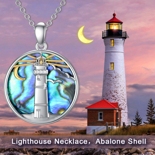 Sterling Silver Two-tone Circular Shaped Abalone Shellfish Lighthouse Pendant Necklace-5