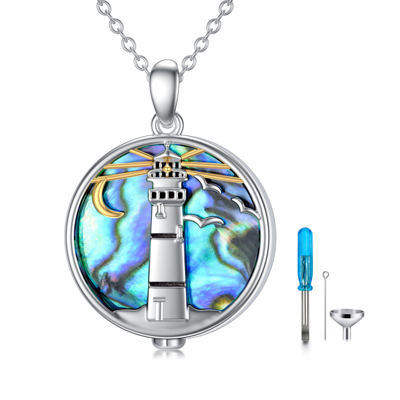 Sterling Silver Two-tone Circular Shaped Abalone Shellfish Lighthouse Pendant Necklace-16