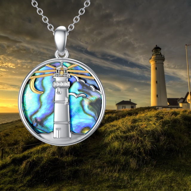 Sterling Silver Two-tone Circular Shaped Abalone Shellfish Lighthouse Pendant Necklace-3