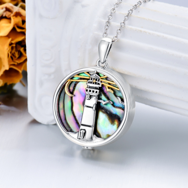 Sterling Silver Two-tone Circular Shaped Abalone Shellfish Lighthouse Pendant Necklace-4