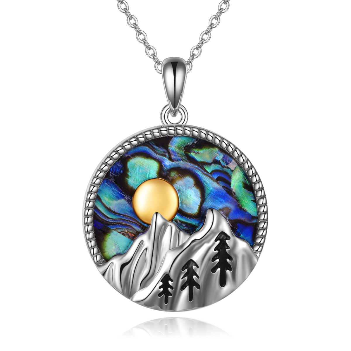 Sterling Silver Two-tone Circular Shaped Abalone Shellfish Mountains & Sun Pendant Necklace-1