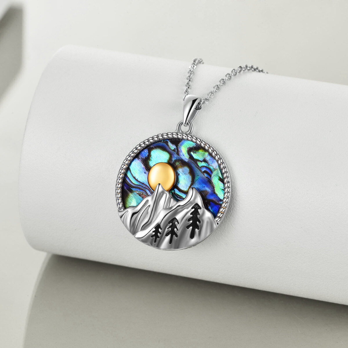 Sterling Silver Two-tone Circular Shaped Abalone Shellfish Mountains & Sun Pendant Necklace-3