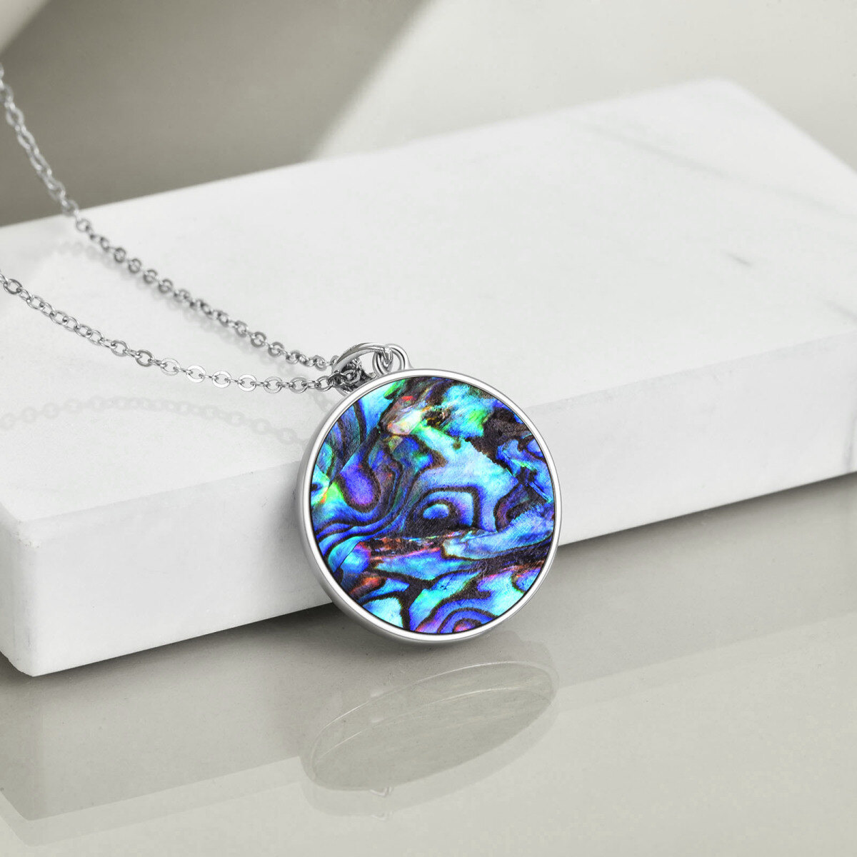 Sterling Silver Two-tone Circular Shaped Abalone Shellfish Mountains & Sun Pendant Necklace-4