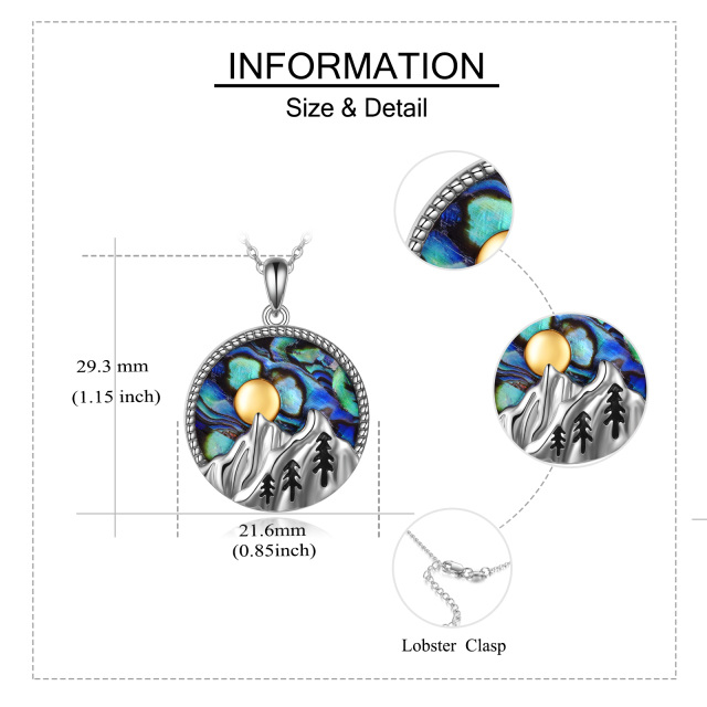 Sterling Silver Two-tone Circular Shaped Abalone Shellfish Mountains & Sun Pendant Necklace-5