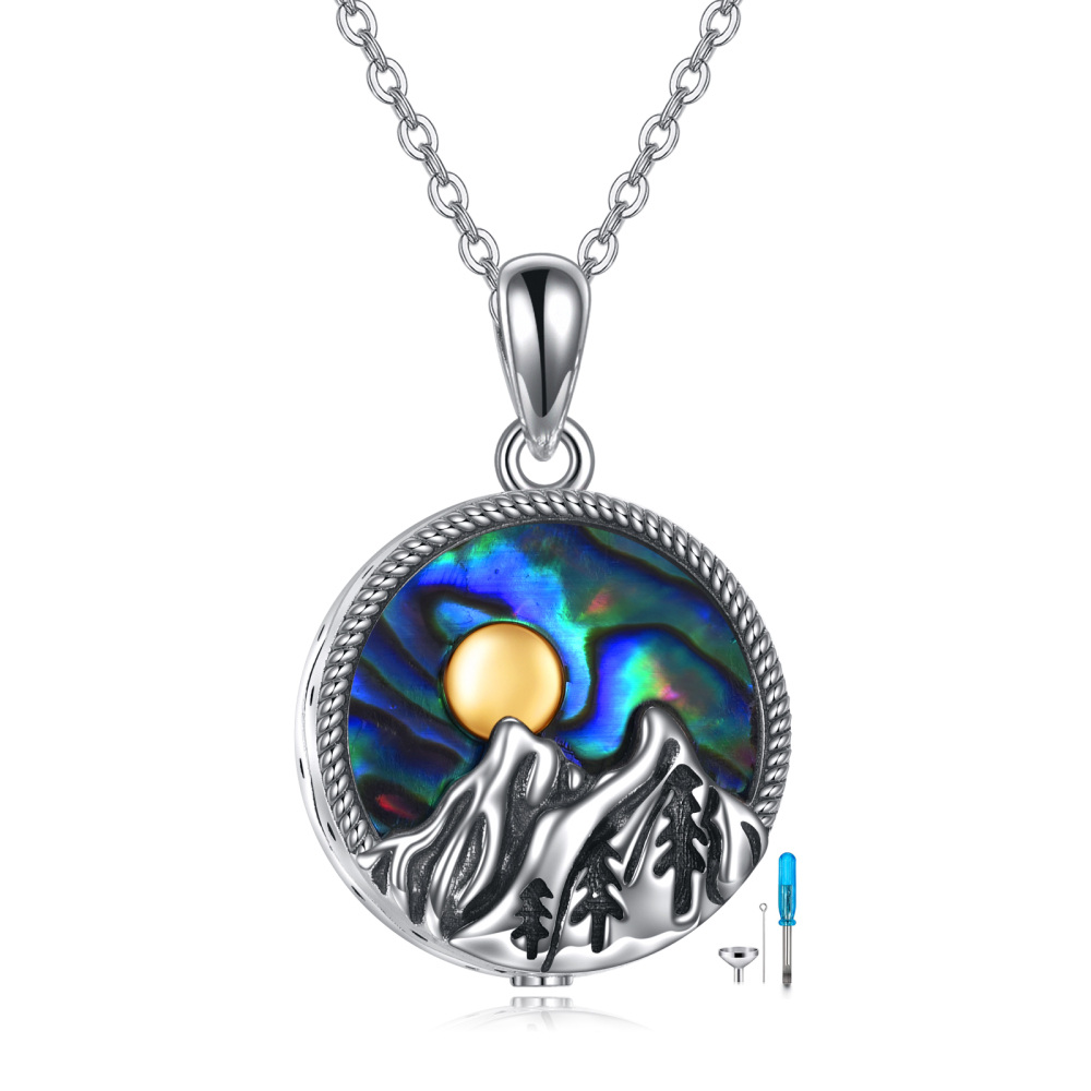 Sterling Silver Two-tone Circular Shaped Abalone Shellfish Mountains Urn Necklace for Ashes with Engraved Word-1