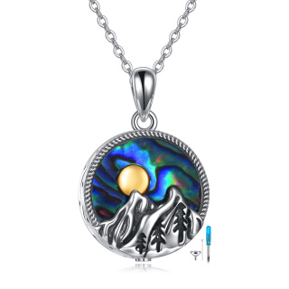 Sterling Silver Two-tone Circular Shaped Abalone Shellfish Mountains Urn Necklace for Ashes with Engraved Word-39