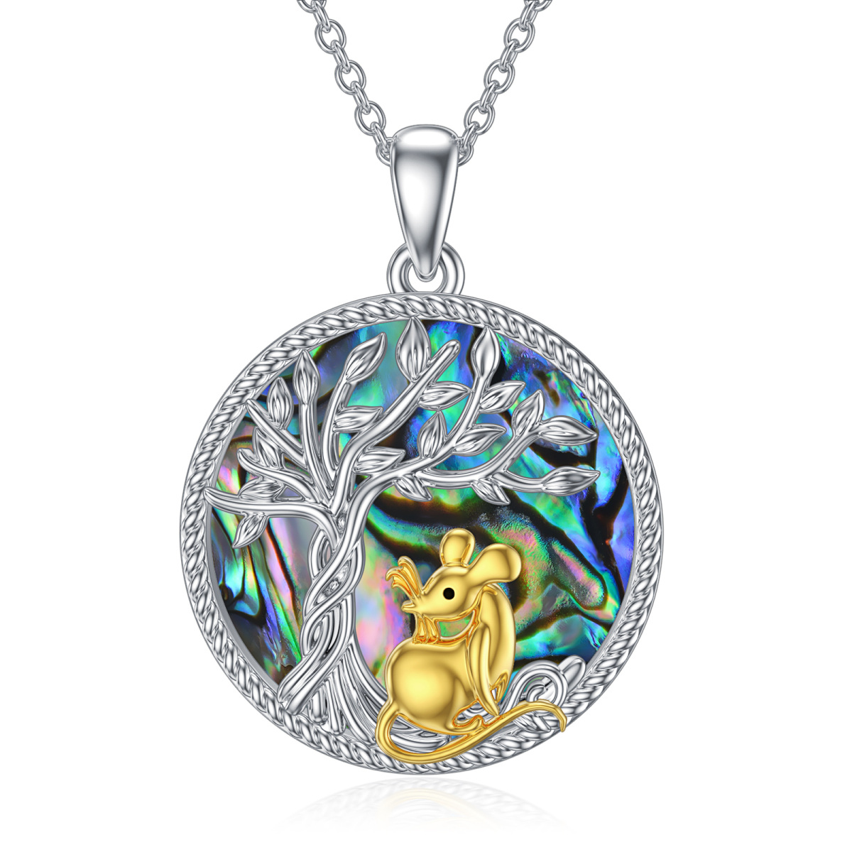 Sterling Silver Two-tone Circular Shaped Abalone Shellfish Mouse & Tree Of Life Pendant Necklace-1