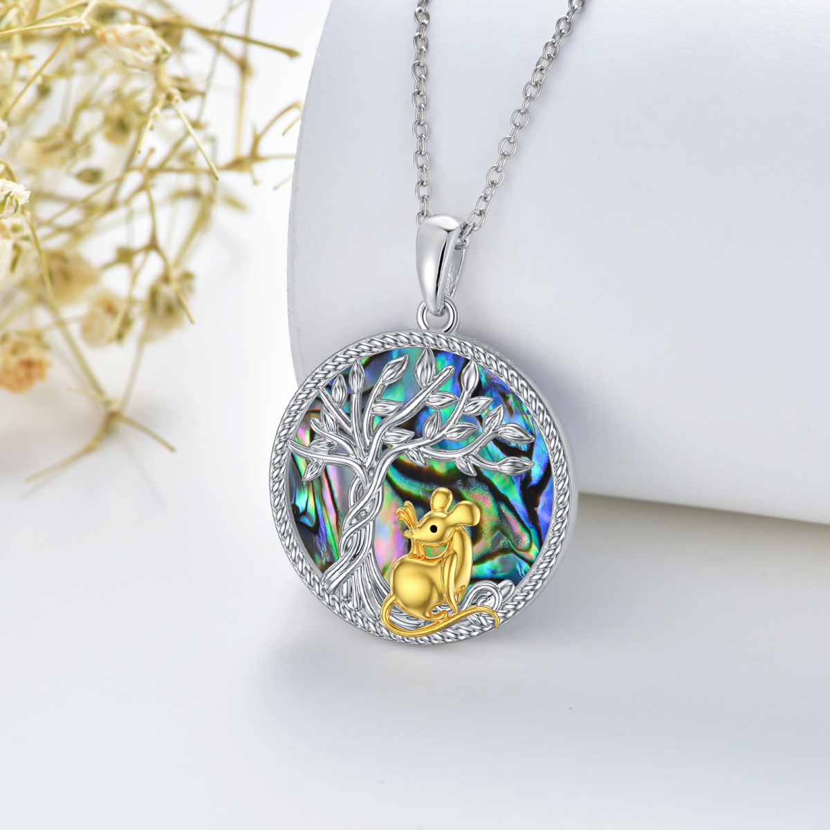 Sterling Silver Two-tone Circular Shaped Abalone Shellfish Mouse & Tree Of Life Pendant Necklace-3