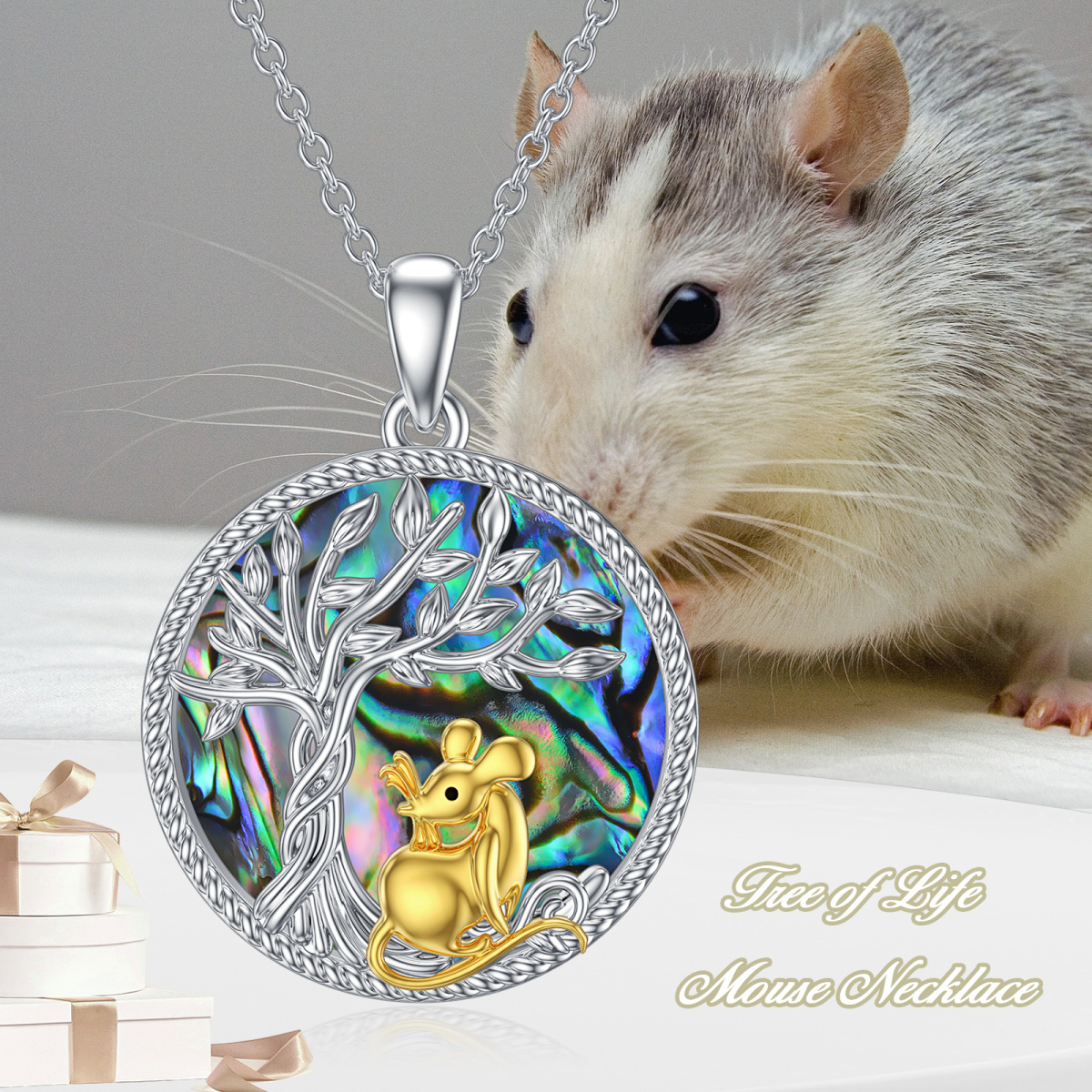 Sterling Silver Two-tone Circular Shaped Abalone Shellfish Mouse & Tree Of Life Pendant Necklace-5