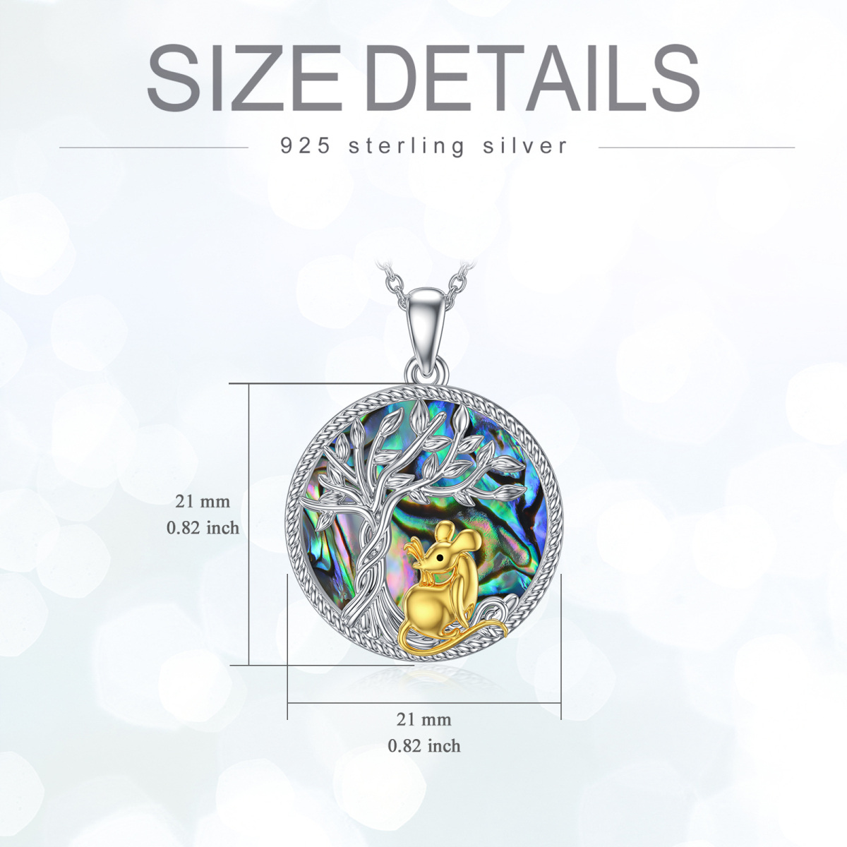 Sterling Silver Two-tone Circular Shaped Abalone Shellfish Mouse & Tree Of Life Pendant Necklace-6