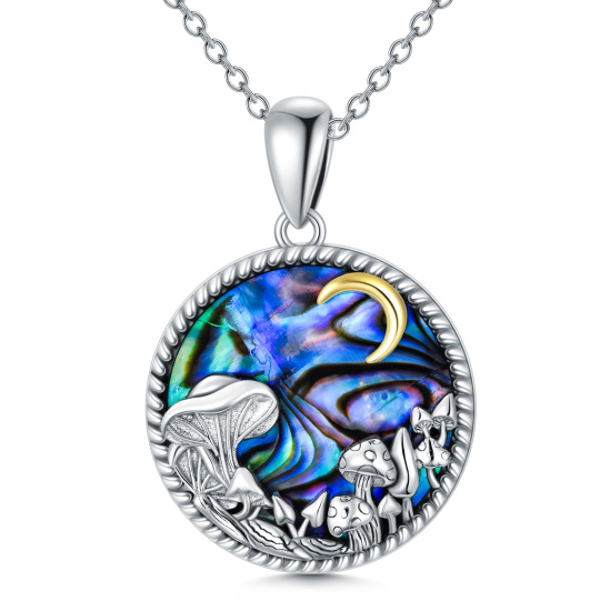 Sterling Silver Two-tone Circular Shaped Abalone Shellfish Mushroom & Moon Pendant Necklace